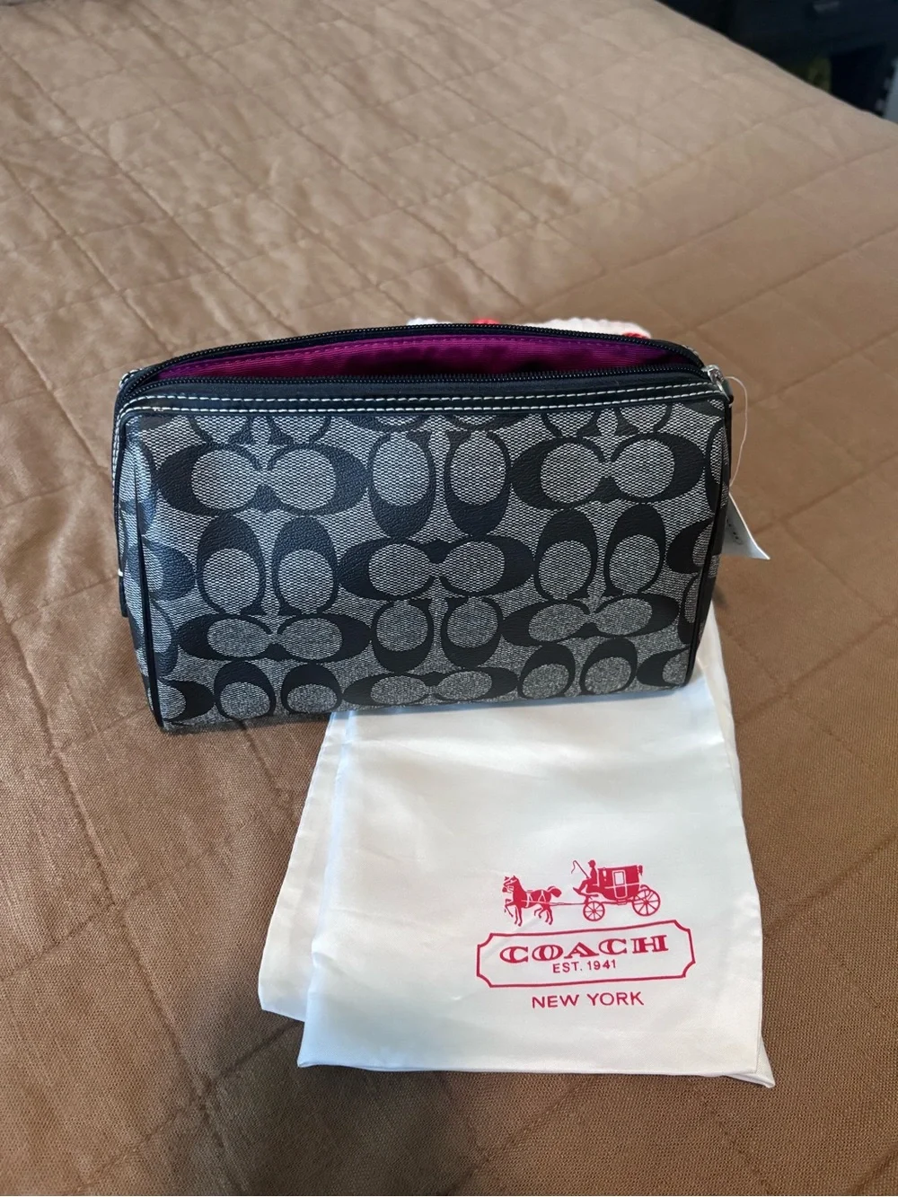 Coach Gray/Black Signature Cosmetic Pouch with Magenta Interior. New with Tags